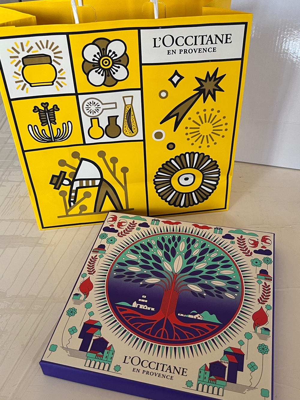 New! L'OCCITANE Yellow Gift Bag with Purple and Teal Box